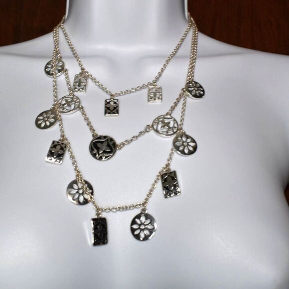 Womens Silver Charm Pendant Multi Chain Necklace Flower Charms - Picture 3 of 6